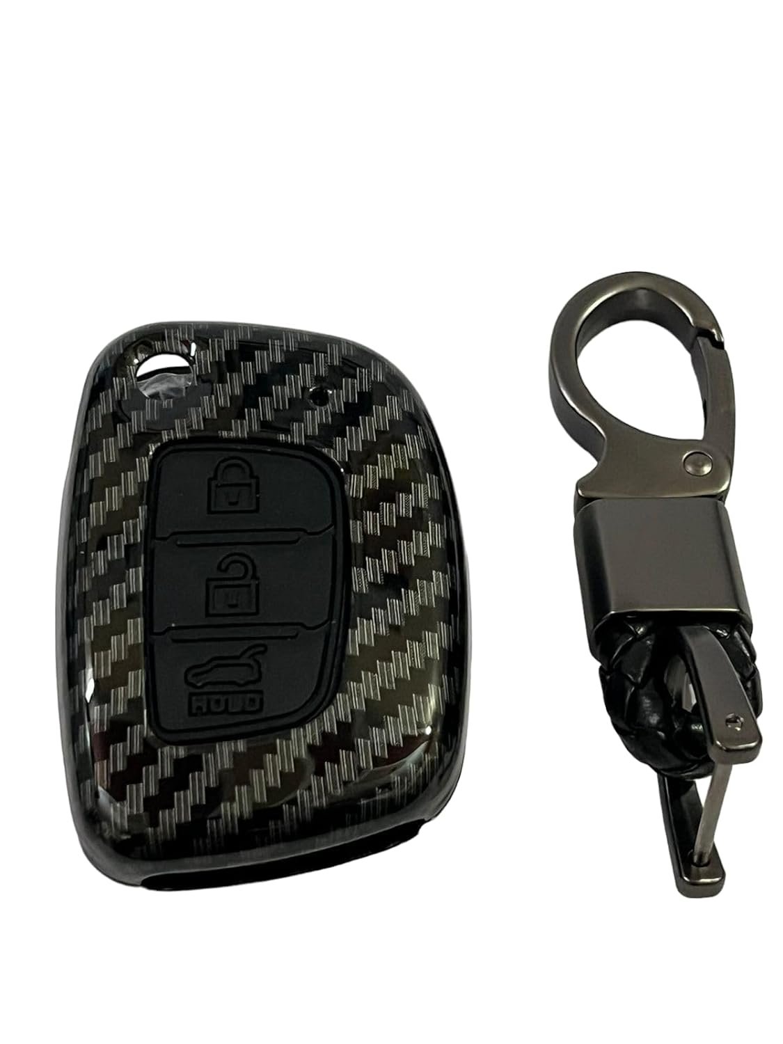 Carbon Fiber ABS Car Key Cover Compatible with Hyundai Aura, i10 Grand Nios, i20 Active 3 Button Flip Key Cover (Key Chain Included) Image 