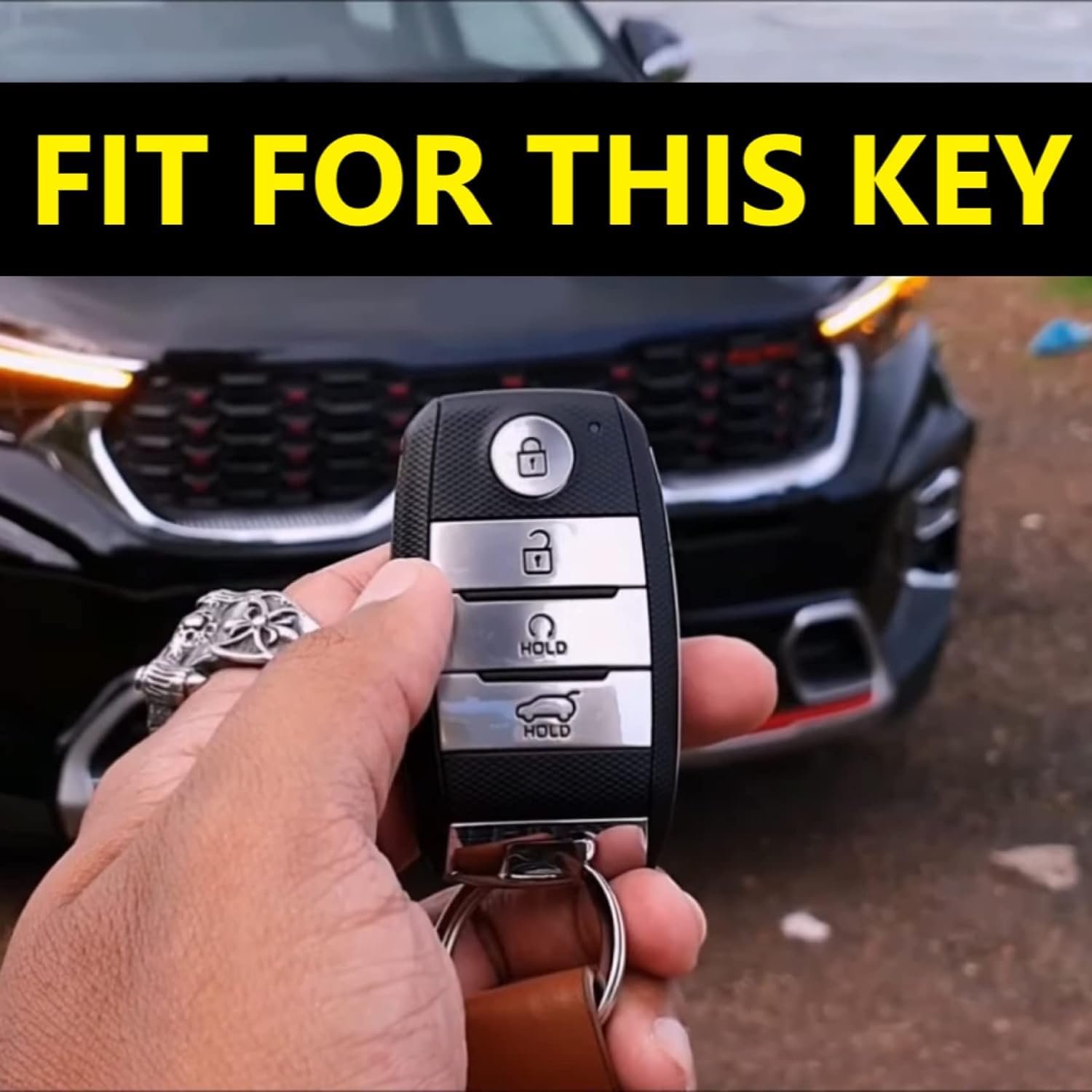 Carbon Fiber ABS Car Key Cover Compatible with Kia Seltos, Sonet, Carens 4Button Smart Key (Key Chain Included) Image 