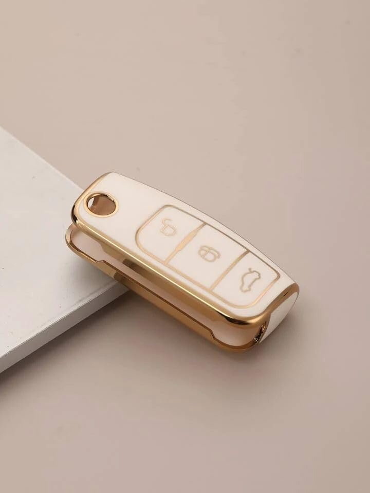 TPU Car Key Cover Compatible with Fiesta, Figo, Old Ecosport Flip Key (White/Gold) Image 