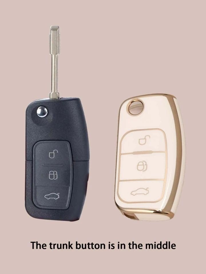 TPU Car Key Cover Compatible with Fiesta, Figo, Old Ecosport Flip Key (White/Gold) Image 