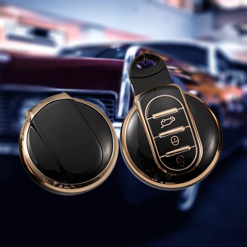 TPU Car Key Cover Compatible with Mini Cooper F55 Clubman F54 Hatch F56 Cabrio F57 Countryman Cooper S Cooper D Cooper SD F60 3 Buttons (Black/Gold) Image 