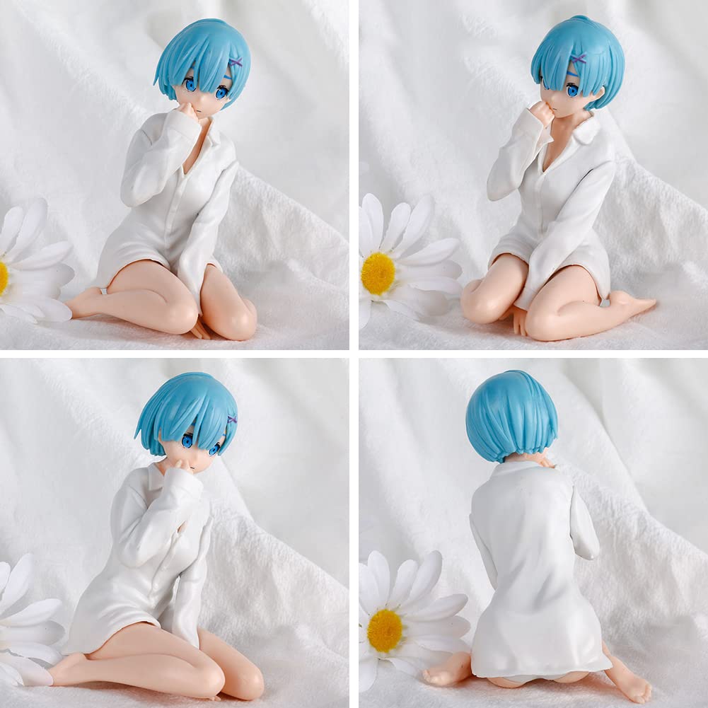 11 cm PVC REM Action Figure Model Toy with Blue Hair Sitting on Knees, Wearing White Shirt Image 