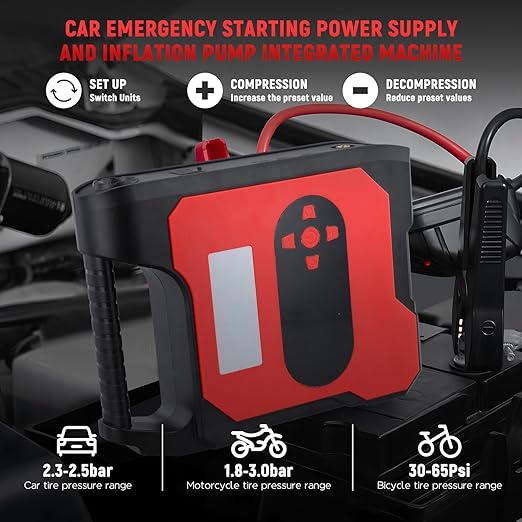 Car Jump Starter Power Pack with Tyre Inflator,12V 2000A Car Battery Booster Jump Starter with 150PSI Air Compressor, Car Jump Starter Power Bank with USB Socket, LCD Display and LED Light Image 