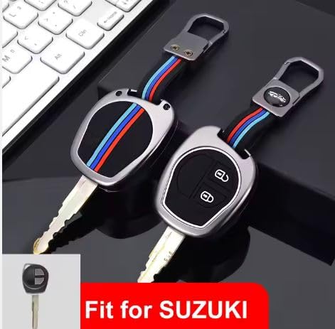 Metal Car Key Case Cover Compatible with Suzuki Fronx, Jimny, Swift, Dzire, Ignis, Grand Vitara, Brezza,Baleno, XL6, 2 Button Remote Key with Holder & Rope Chain Image 