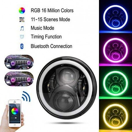 7 inch LED RGB Round DRL Flashing Angel Eye Halo Ring Headlamp Bluetooth Controlled for Jeep Wrangler Image 
