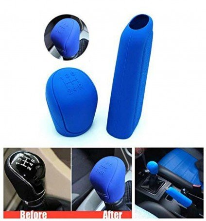 Silicone Gear Head Shift Knob Cover (Oval Shape) + 1 Handbrake Sleeve Cover (Blue) Universal for cars Image 