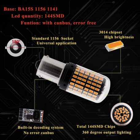 2800Lumen 3014 Chipset 144SMD BA15S P21 Amber Led Bulb Front Rear Turn Signal Pakring light Bulb and Canbus Error Free Led Turn Signal Light Bulb Amber Yellow, (Pack of 2) Image 