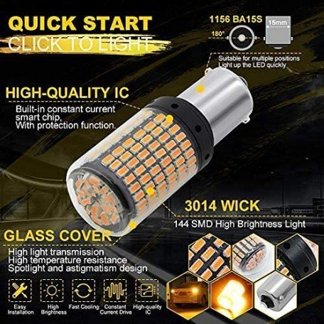 2800Lumen 3014 Chipset 144SMD BA15S P21 Amber Led Bulb Front Rear Turn Signal Pakring light Bulb and Canbus Error Free Led Turn Signal Light Bulb Amber Yellow, (Pack of 2) Image 