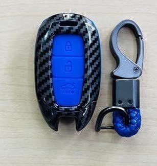 Carbon Fiber Key Fob Cover Shell Keyless Key Hard Case with Keychain For Hyundai Verna 2017 Onwards Flip Key (Blue) Image 