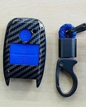 Carbon Fibe Car Key Case For (Blue) Kia Sonet, Seltos 3 Button Smart Key (Blue Push Button Start Models, 1 Piece) Image 