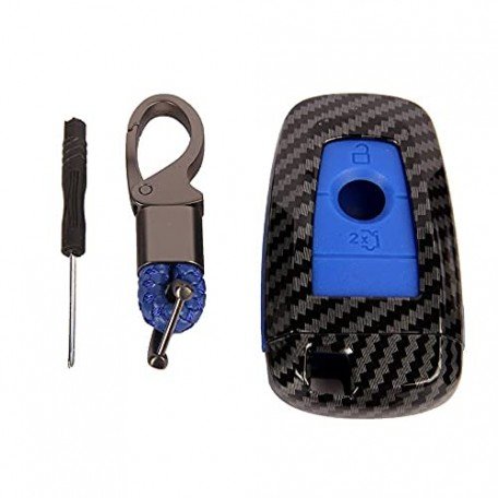 Carbon Fiber Key Fob Cover Shell Keyless Key Hard Case with Keychain New Ford Endeavour Smart Key (Blue) Image 