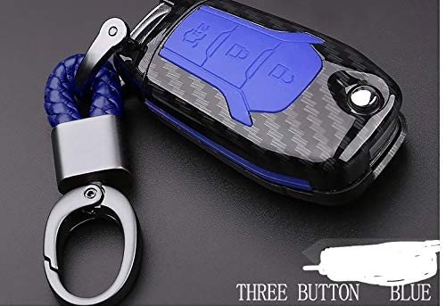 Carbon Fiber Key Fob Cover Shell Keyless Key Hard Case with Keychain For Figo Aspire (Pack of 1,Blue) Image 