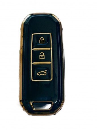 TPU Carbon Fiber Style Car Key Cover Compatible With MG Hector Smart Key (Gold Black) Image 