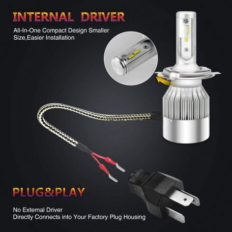 Navik H-4 All In One Compact Design 36W/3800LM CSP LED Headlight Conversion Kit Car High/Low Beam Bulb Driving Lamp 6000K, Crytal White - 2 Pcs (1 Year Warranty)