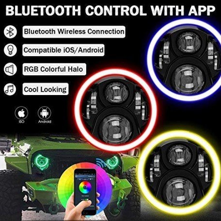 7 inch LED RGB Bullet Thar Headlight, 7' Round DRL Headlamp Flashing Angel Eye Halo Ring Bluetooth Controlled for Jeep Wrangler Bullet Royal Enfield Thar, Set of 2 Image 