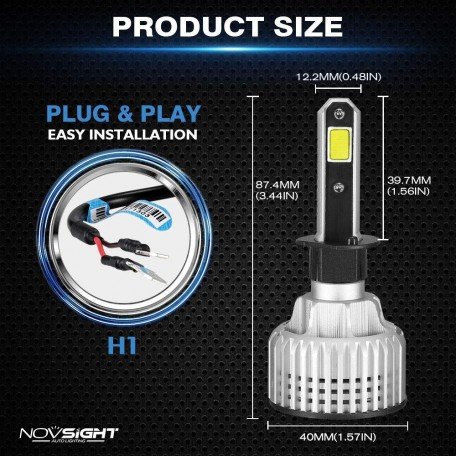Novsight H1 LED Headlight Kits (Pack of 2)- Bridgelux-COB LED Chips - 72W 10000Lumens 6500K White - High/Low Beam Headlight/Fog Light Conversion Kit Image