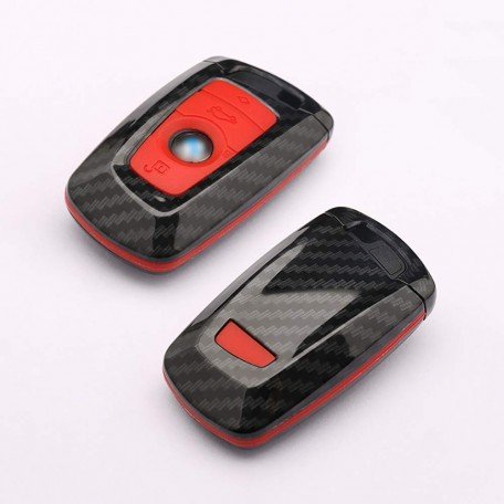 Carbon Fiber Key Fob Cover Shell Keyless Key Hard Case with Keychain for BMW 1 3 5 7 Series X3 X4 X5 X6(Red)