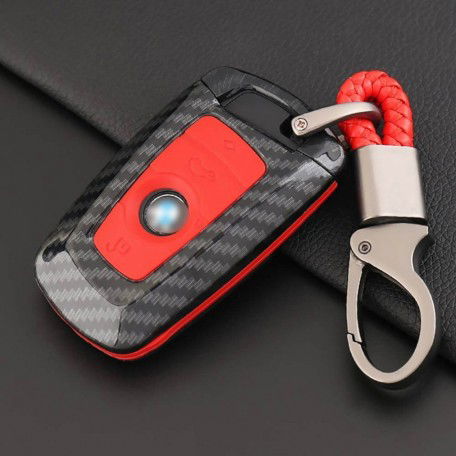 Carbon Fiber Key Fob Cover Shell Keyless Key Hard Case with Keychain for BMW 1 3 5 7 Series X3 X4 X5 X6(Red) Image