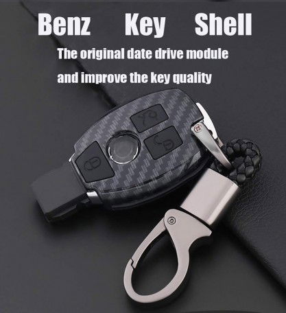 Carbon Fiber Key Fob Cover Shell Keyless Key Hard Case with Keychain for Mercedes Benz W203 W210 W211 W124 W202 W204 W205 AMG (Pack of 1,Black)