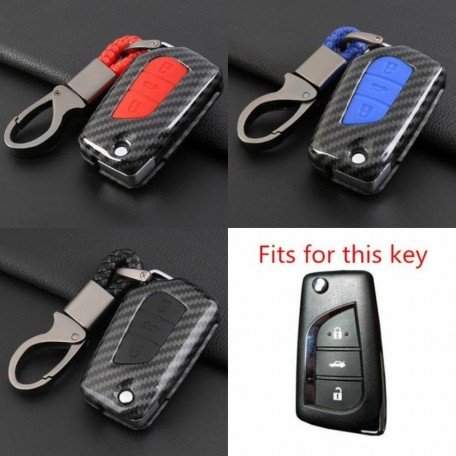  Carbon Fiber Key Fob Cover Shell Keyless Key Hard Case with Keychain for Toyota Innova Crysta (Blue, For Push Button Only) Image 