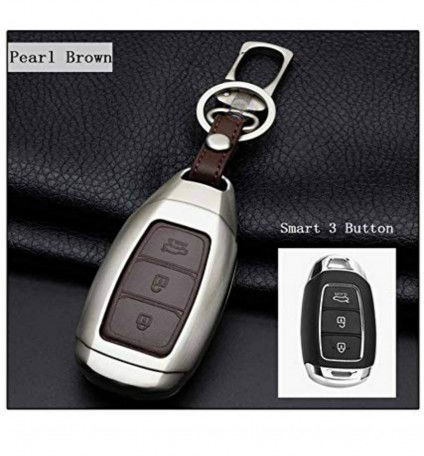 Car Keyless Key Cover case fob for Top Model Hyundai Verna in Zinc Alloy Metal and Leather Brown Color Image