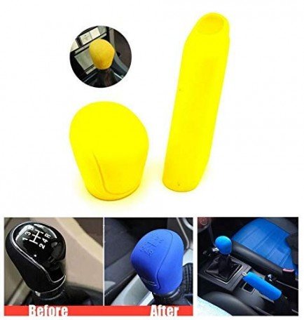 Silicone Gear Head Shift Knob Cover (Oval Shape) + 1 Handbrake Sleeve Cover (Yellow) Universal for cars Image 