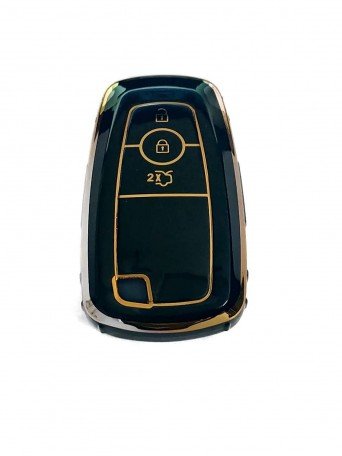 TPU Carbon Fiber Style Car Key Cover Compatible with Ford Push Button Start Car Key (Gold/Black) Image