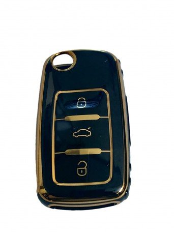 TPU Carbon Fiber Style Car Key Cover Compatible with Polo Vento Jetta Ameo Passat and Skoda Rapid Laura Superb Octavia Fabia Yeti (Gold Black) Image