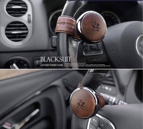 Autoban Blacksuit Handmade Leather Hook Universal Power Handle Steering Wheel Spinner Knob in Matt Brown  Image 