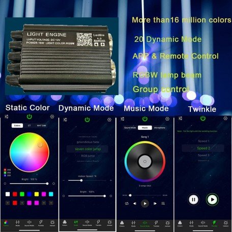 Bluetooth 16W RGBW Starlight APP/Remote Music Mode LED Fiber Optic Light Star Ceiling Light Kit for Car Home Ceiling Decoration, PMMA Plastic 8858ft(2700m)/roll Diameter 0.2d B/m(0.75mm) Image 