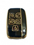 TPU Carbon Fiber Style Car Key Cover fit with Jaguar and Land Rover 5 Buttons Smart Key (Gold/Black) Image 