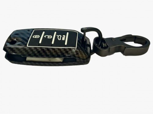 Carbon fibre Key Shell Compatible with Kia Seltos Sonet 3 Button Flip Key (Black. 1 Piece)