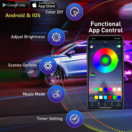 Interior Car LED Strip Lights, 9 in 1 Multicolor RGB Car Neon Ambient Light with 4 Under Dash & 5 Fiber Optic LED Lights, Sync to Music and Wireless Bluetooth APP and Remote Control Image 
