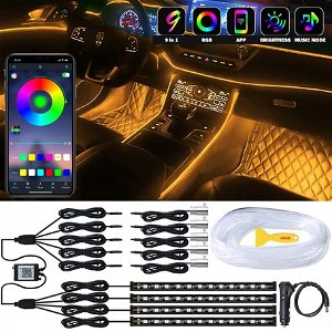 Interior Car LED Strip Lights, 9 in 1 Multicolor RGB Car Neon Ambient Light with 4 Under Dash & 5 Fiber Optic LED Lights, Sync to Music and Wireless Bluetooth APP and Remote Control Image