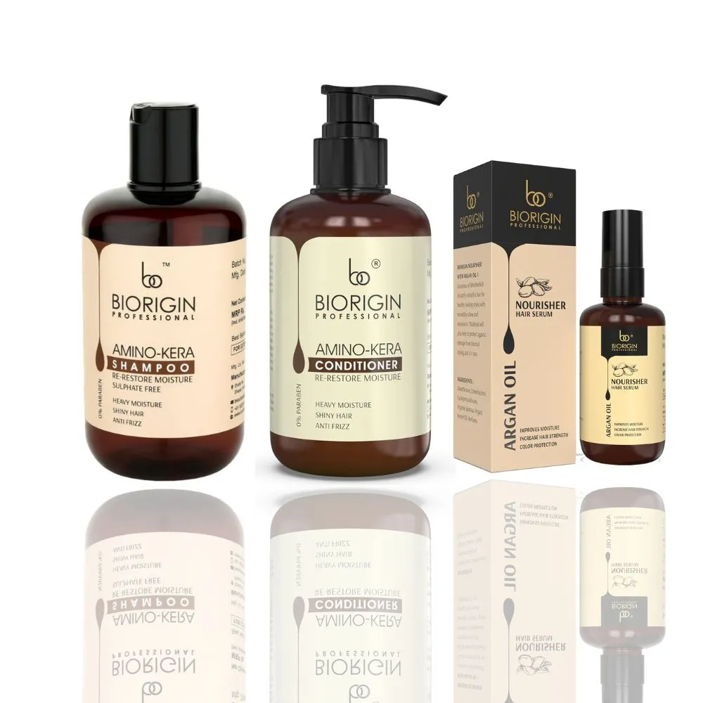 Biorigin Amino Kera Hair Repair Trio – Shampoo, Conditioner (250ml each) & Nourisher Hair Serum (80ml) Image