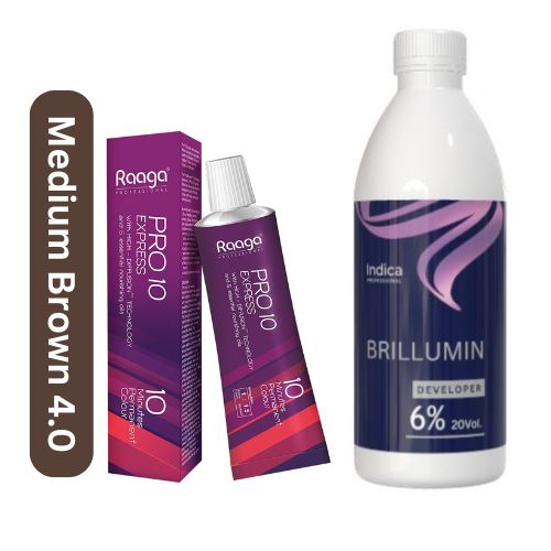 Raaga Professional PRO10 Medium Brown Hair Color (Shade 4) - 90gm + Indica 6% Developer 500ml Image