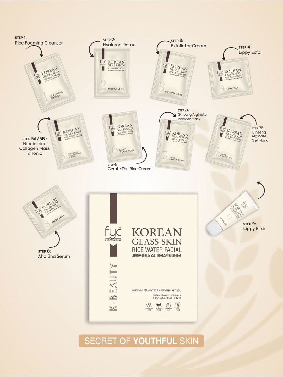 FYC Professional Korean Glass Skin Rice Water Facial Kit – Single Use | 9 Step Facial for Crystal Clear Glow