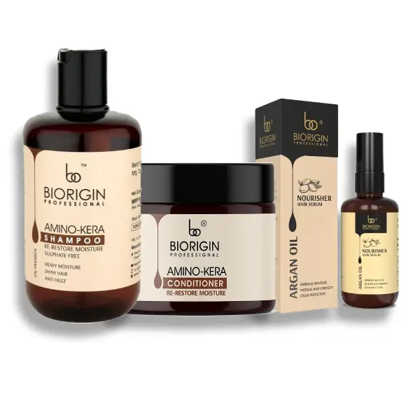 Biorigin Amino Kera Hair Repair Trio – Shampoo 250ml, Conditioner 200ml & Nourisher Hair Serum (80ml) Image