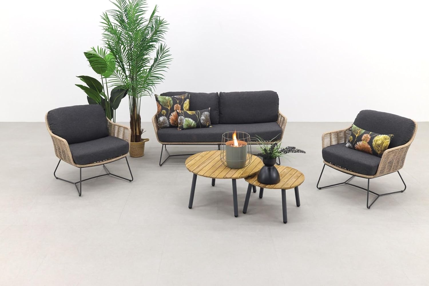 5 PCS Bistro Loveseat Furniture with Chairs & Round Shape Side Table, Thick Cushion for Garden, Balcony, Poolside, Tarrace, Poolside, Lawn, Patio (Beige & Black)