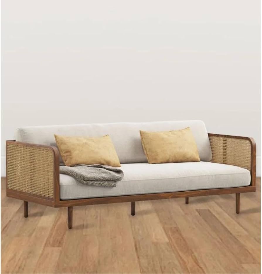 3 Seater Rattan Sofa for Living Room | Cane Upholstered Sofa for Home | Mango Wood, Walnut Brown Image