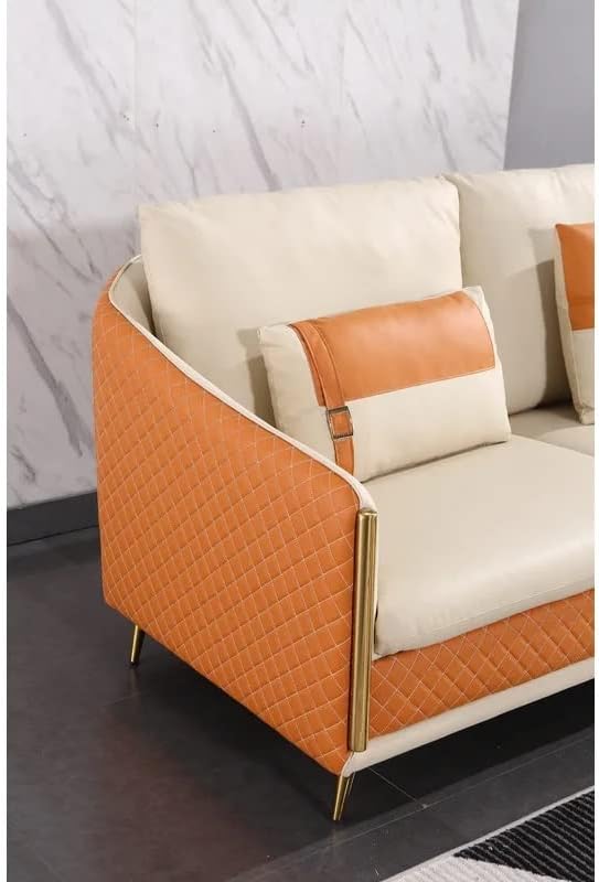 Unique Verstile Design 3 Seater Sofa and 1 Chaise Luxury Imperia Collection Cushion Back with Upholstered Soft Touch Premium Leatherette for Living Room Loung (Orange & Beige)