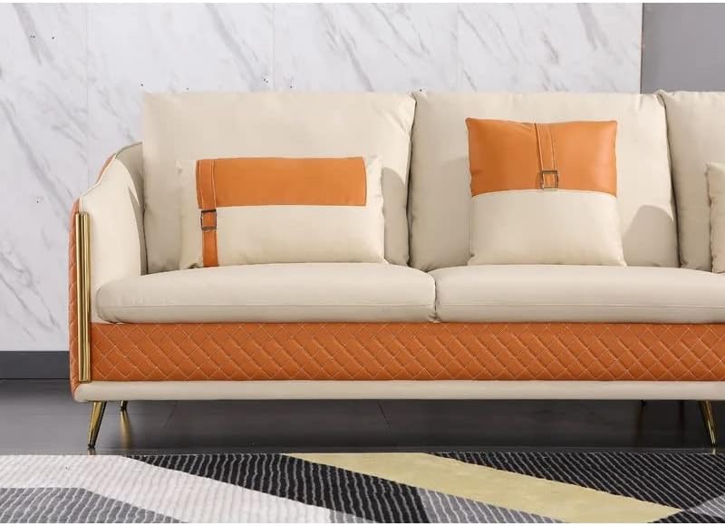 Unique Verstile Design 3 Seater Sofa and 1 Chaise Luxury Imperia Collection Cushion Back with Upholstered Soft Touch Premium Leatherette for Living Room Loung (Orange & Beige) Image