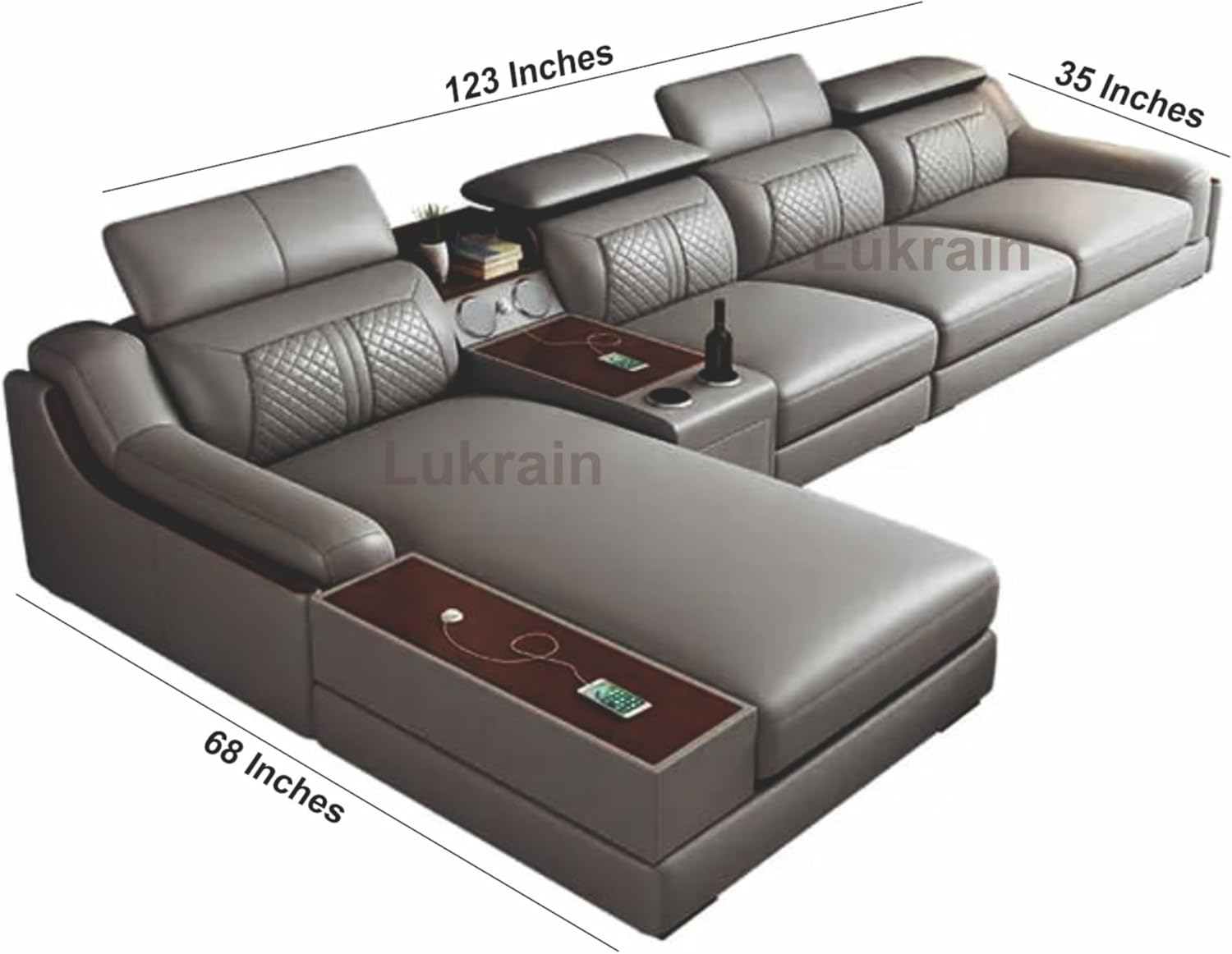 L Shape Multi-Functional Modern Wooden Luxury Leather Sofa Set | 6 Seater Sofa Set Without Centre Table for Your Living Room | Office | Dining Room | Hall and Balcony (Cyan Grey) Image