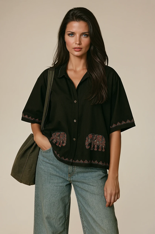 Handcrafted Black Elephant Ajrakh Shirt  Image