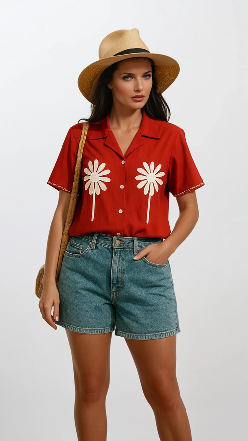 Handcrafted Red Applique Shirt  Image