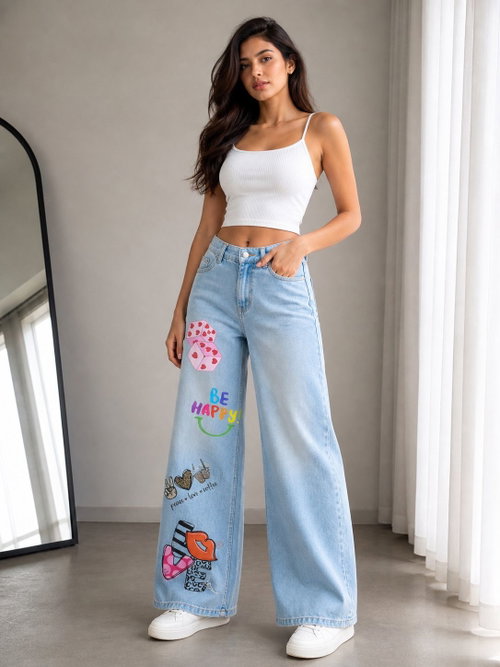 Women’s Wide Leg Cute Graphic Printed Denim Jeans Image