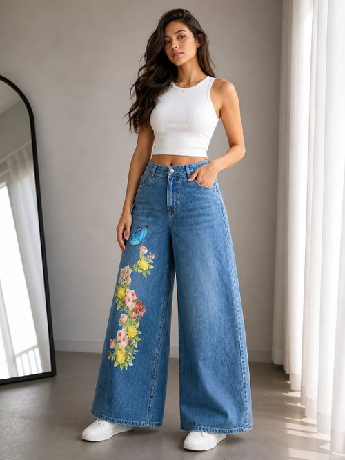 Buy Floral Wide Leg Jeans Online Image