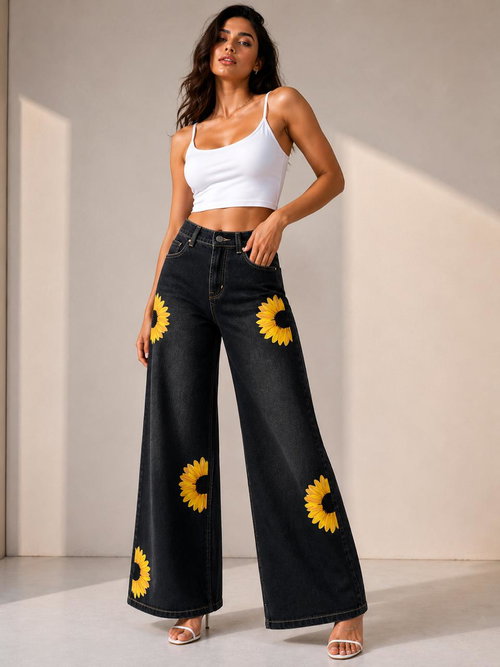Women’s Oversized Sunflower Printed Baggy Jeans Image