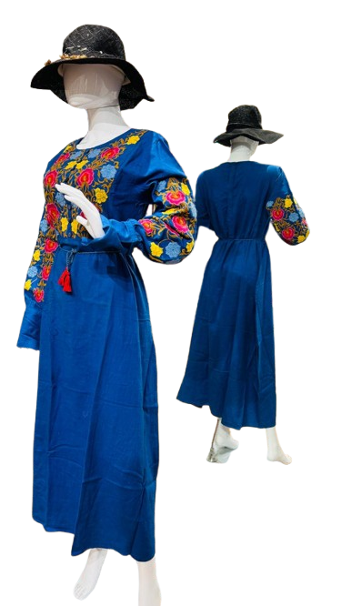 Modern Floor Long Linen Dress with Real Embroidery - Vyshyvanka - Ukrainian National Design (L) Blue at