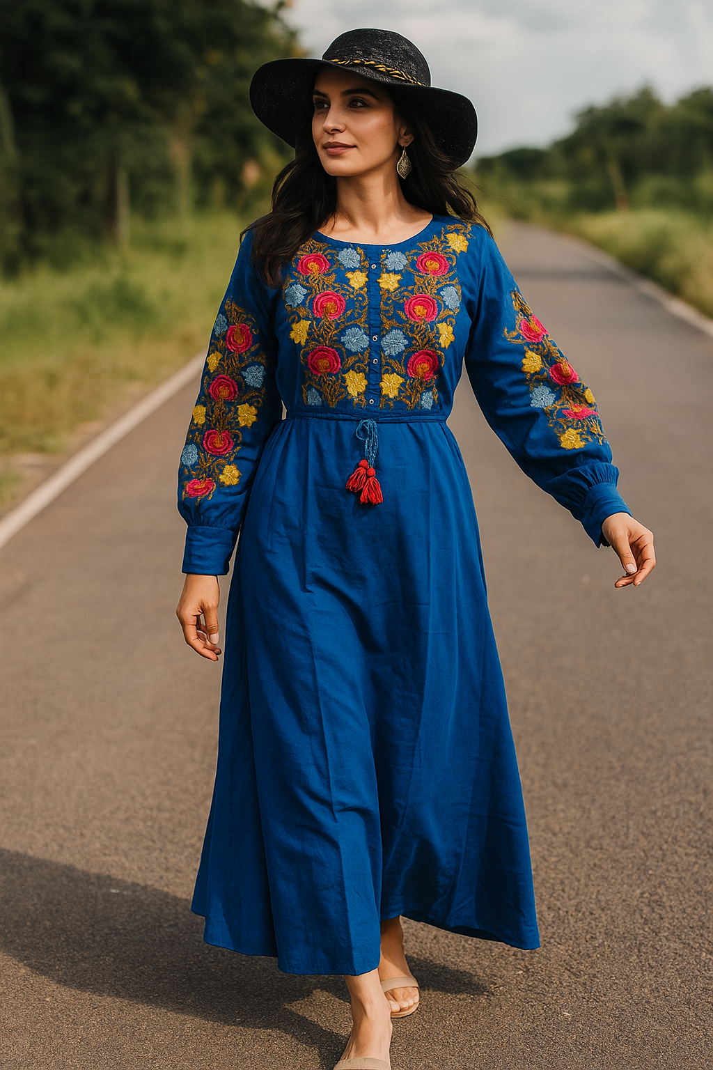 Modern Floor Long Linen Dress with Real Embroidery - Vyshyvanka - Ukrainian National Design (L) Blue at Image